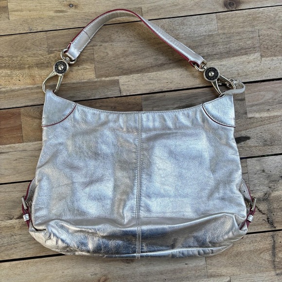 Dooney & Bourke Shoulder Bag Womens Silver Metallic Leather‎ Hobo Red Trim Purse - Picture 7 of 8
